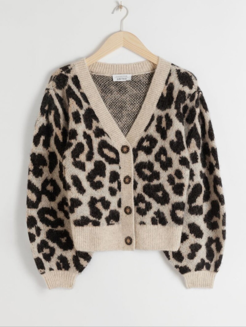 & OTHER STORIES Leopard Puff Sleeve Wool Blend Cardigan Sz S